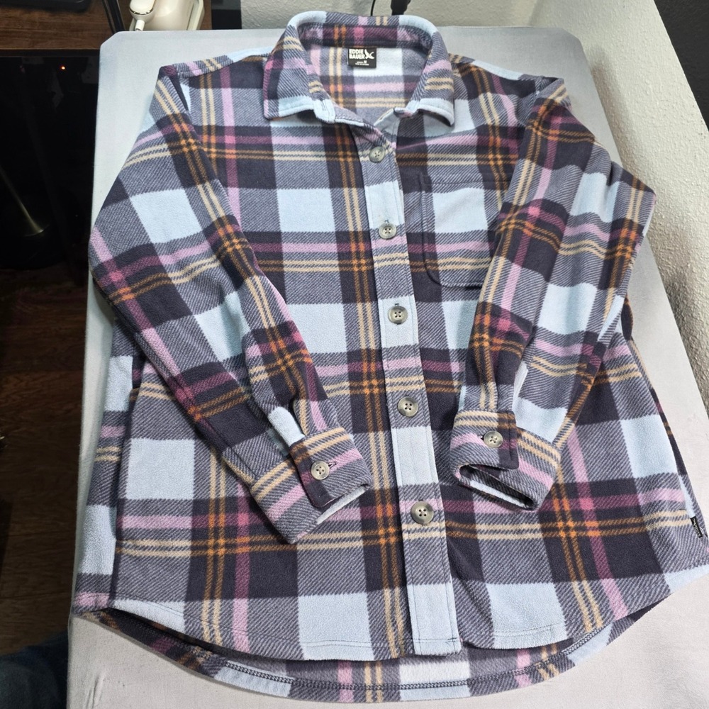 Eddie Bauer Womens Microfleece Plaid Buttonโ "Shacket" Blue Purple Orange Size M